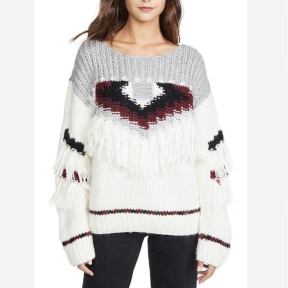 Current/Elliott Women's Rosemary Wool Alpaca Fringe Sweater Grey Cream - Picture 4 of 13